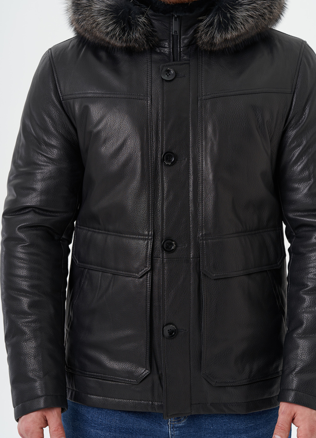 Пуховик из натуральной кожи с мехом енота модель № 25995 универмаг малина