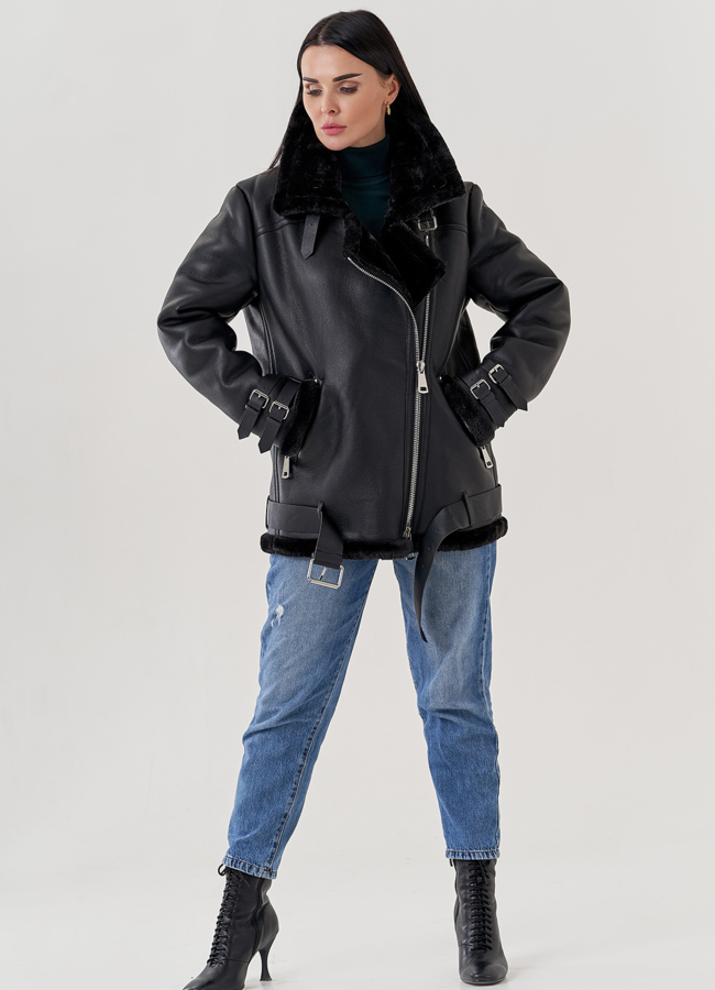 фото Женская дубленка пилот из эко кожи черного цвета  модель № 79311