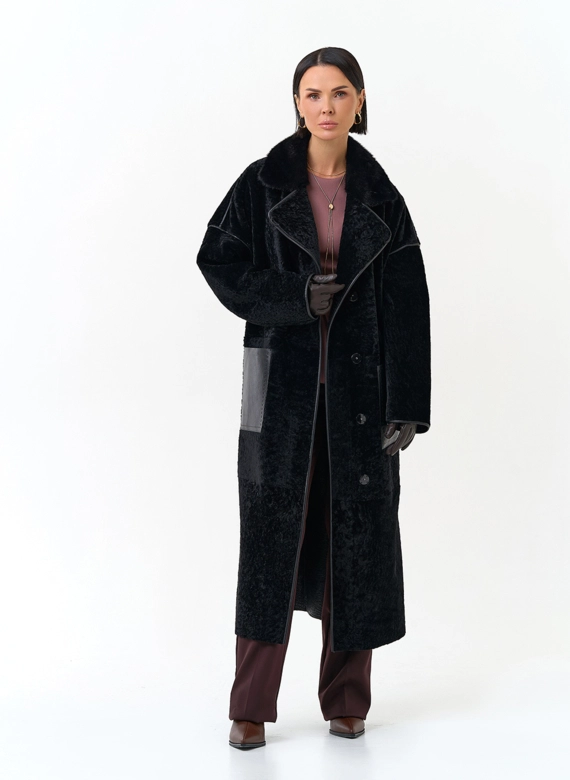 Женская двухсторонняя дубленка с английским воротником фото