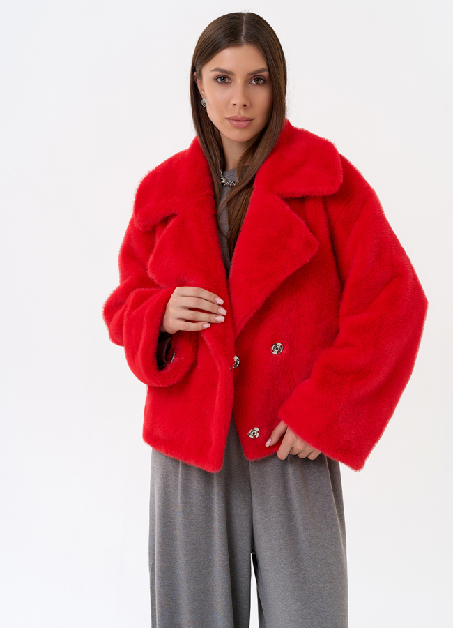 Куртка женская из эко меха в красном цвете модель № 31221 универмаг малина