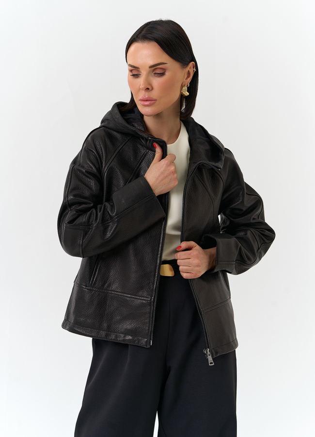 Женская куртка из натуральной кожи с капюшоном модель № 32679 универмаг малина