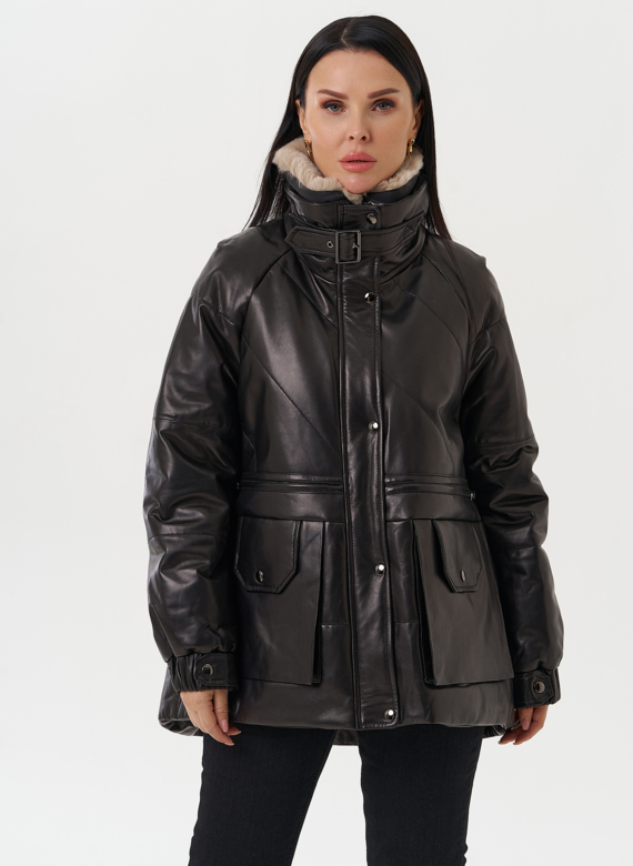 Пуховик из натуральной кожи с отделкой из меха кролика