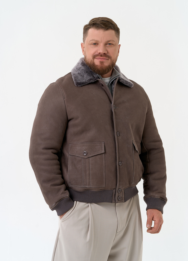 Мужская натуральная дубленка бомбер модель № 31859 меха малина