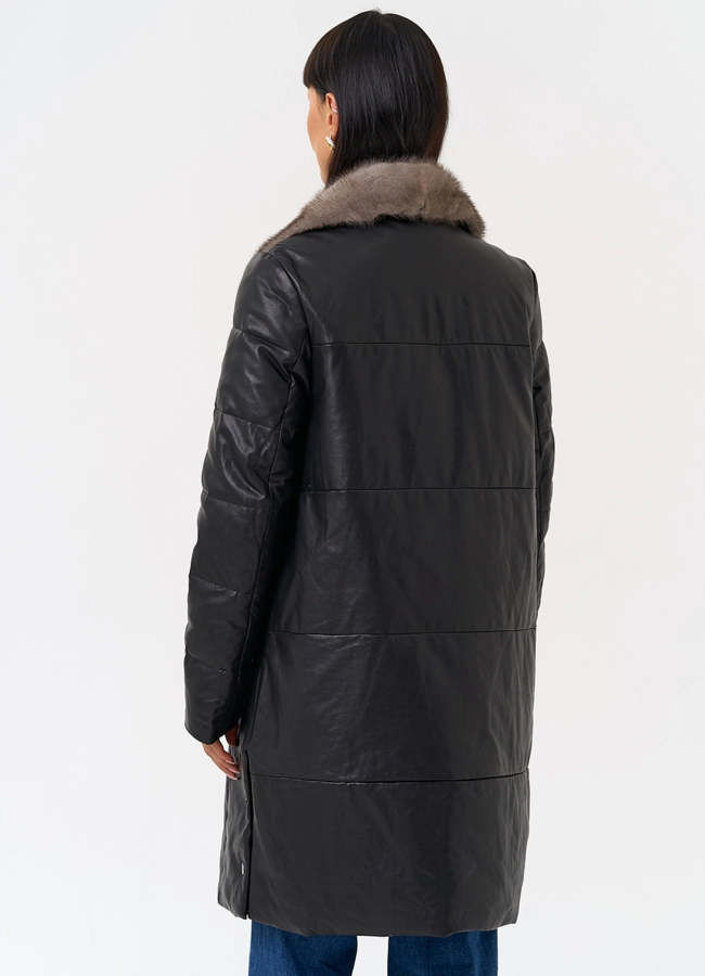 Пуховик из натуральной кожи с воротником из меха норки модель № 31566 в кредит