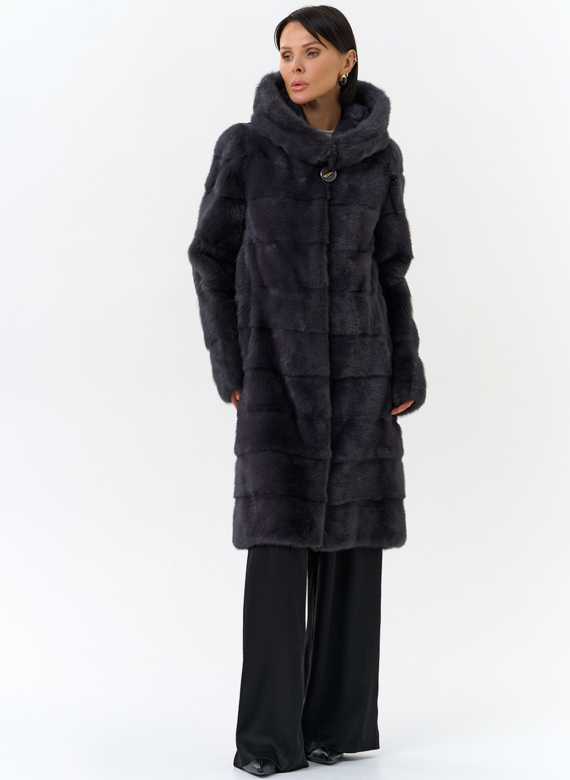 Норковая шуба в цвете графит с капюшоном 