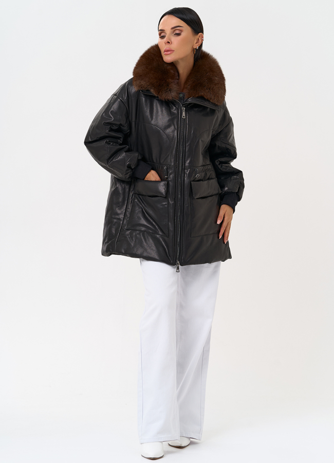 фото Полупальто из натуральной кожи с мехом песца модель № 21796