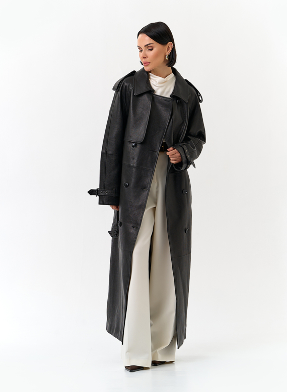 Женский длинный плащ из натуральной кожи