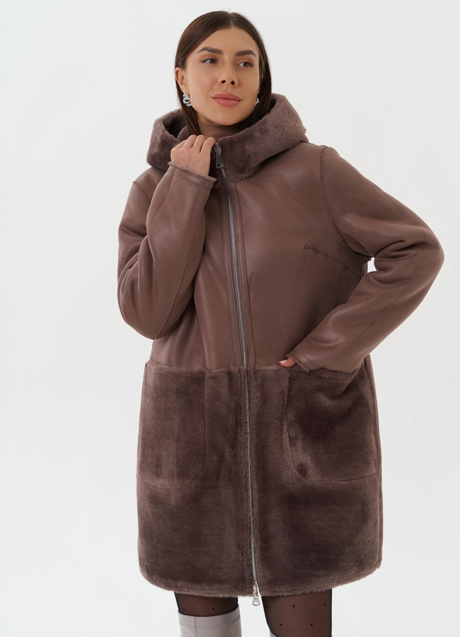 Двухсторонняя дубленка из эко кожи с капюшоном модель № 27763 меха малина