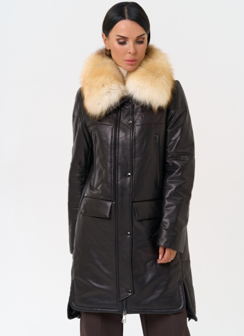 Кожаный пуховик с воротником из лисы