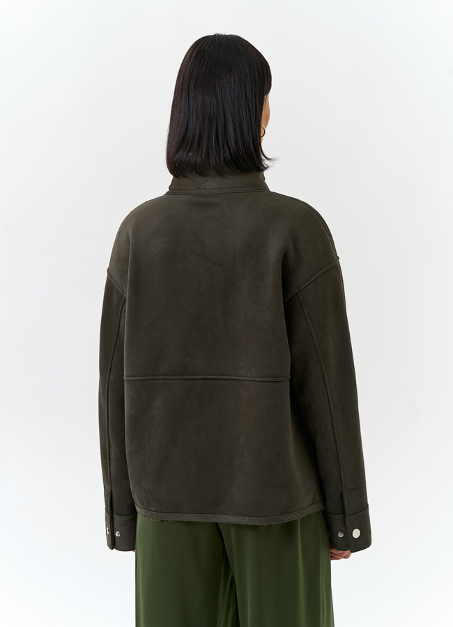 фото Женская дубленка из эко замши с воротником стойкой модель № 32583