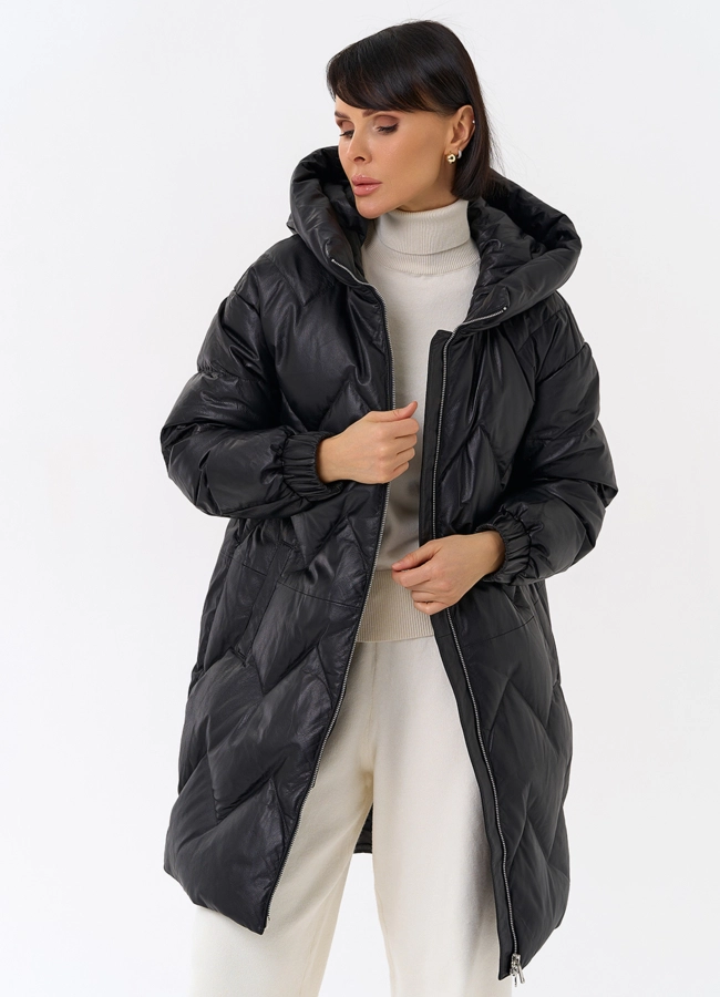 Длинный пуховик из кожи модель № 31215 универмаг малина