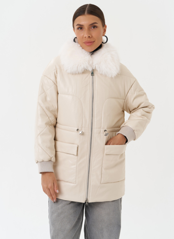 Пуховик из эко кожи с мехом песца