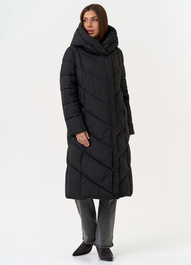 Женский пуховик черного цвета с поясом модель № 31603 универмаг малина