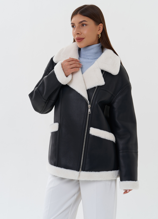 фото Дубленка из эко кожи черного цвета с черным эко мехом модель № 27693