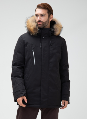Мужской пуховик с капюшоном из меха енота