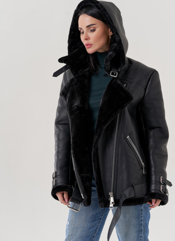 Женская дубленка пилот из эко кожи черного цвета 