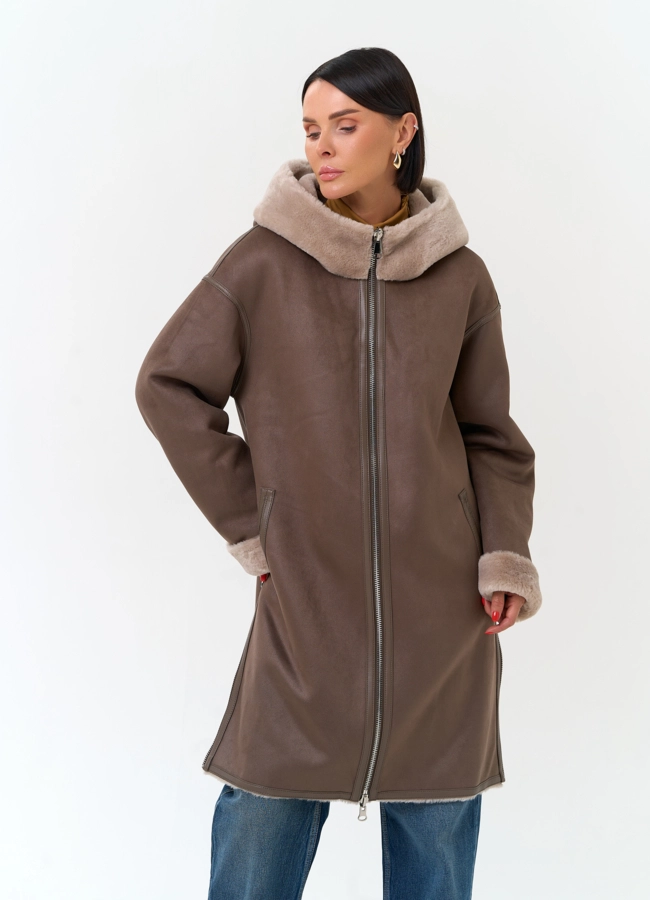 Женская дубленка из эко замши модель № 34113 универмаг малина
