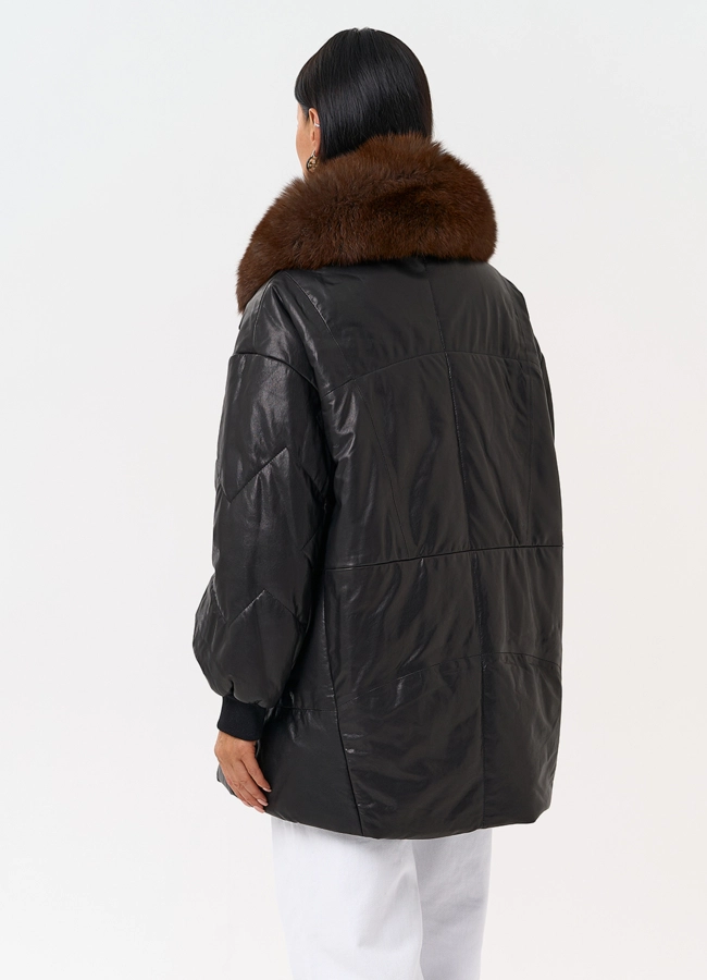 Полупальто из натуральной кожи с мехом песца модель № 21796 в кредит