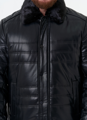 Пуховик из эко кожи с воротником стойкой