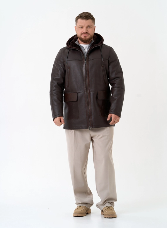 Мужская натуральная дубленка с капюшоном