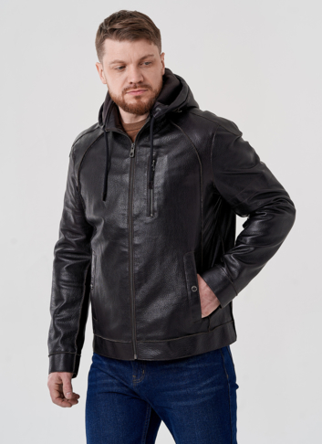 Мужская кожаная куртка с капюшоном