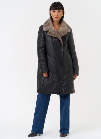 Пуховик из натуральной кожи с воротником из меха норки