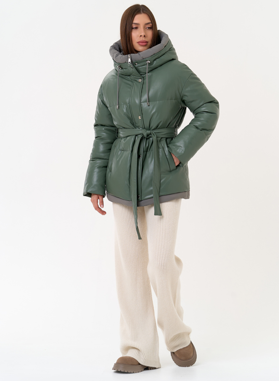 Женский пуховик из эко кожи с поясом