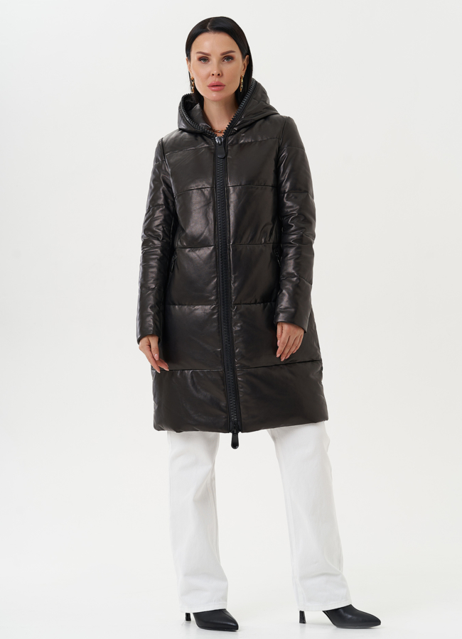 Кожаный пуховик с капюшоном модель № 15013 в кредит
