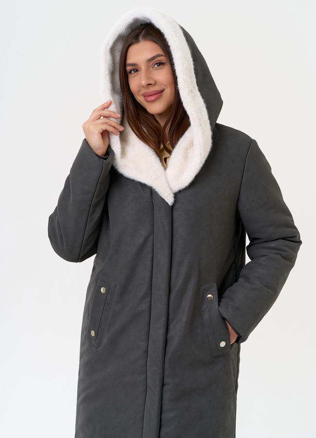 Пуховик из эко кожи с капюшоном из эко меха модель № 27733 универмаг малина