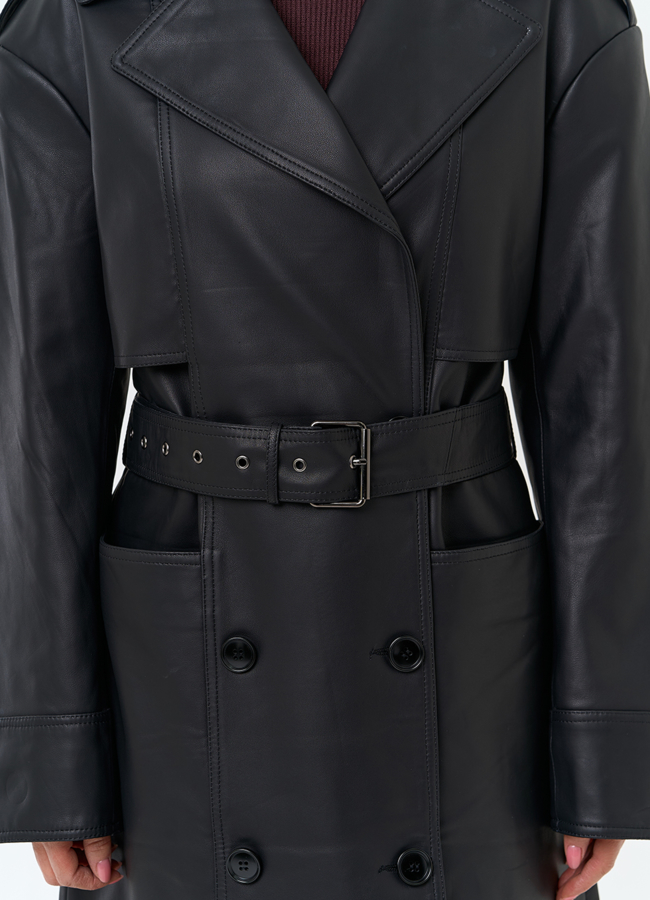 Женский плащ из натуральной кожи с поясом модель № 32901 универмаг малина