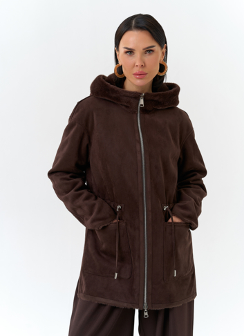 Двухсторонняя дубленка из эко замши с капюшоном