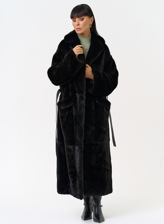 Длинная шуба из меха норки blackglama с поясом