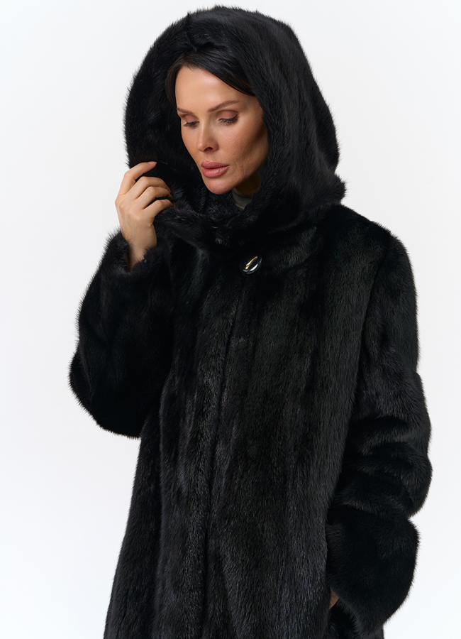 Черная норковая шуба с капюшоном модель № 26158 универмаг малина