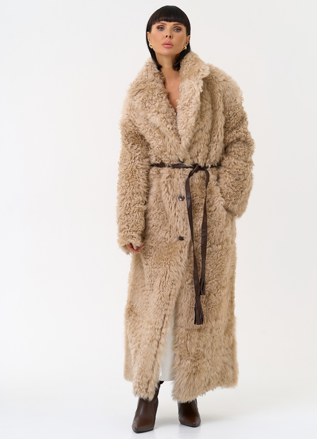 Женская двухсторонняя дубленка с декоративным поясом модель № 31620 универмаг малина